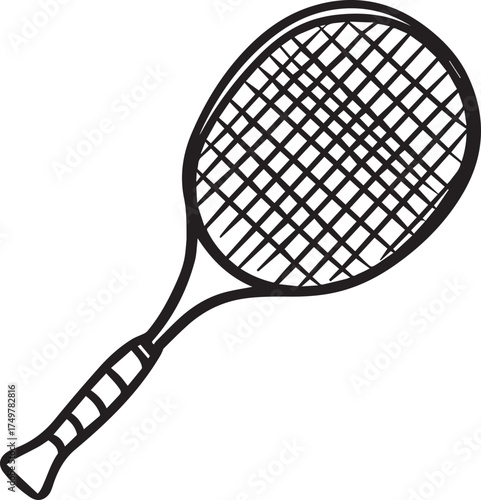 black and white badminton racket icon, simple vector style, no background, no shading, thick lines, vector art, bold outline, vector art, logo