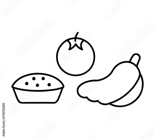 Fruit and vegetable line art vector, healthy organic food outline, nutrition element design, fresh produce sketch, minimal black contour, botanical drawing, modern diet vector, farm element
