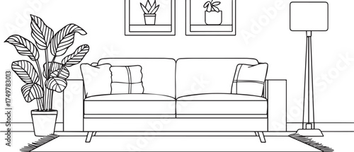black and white line drawing illustration of a simple sofa, carpet on the floor, lamp in front of it, potted plant beside the couch, line art, vector
