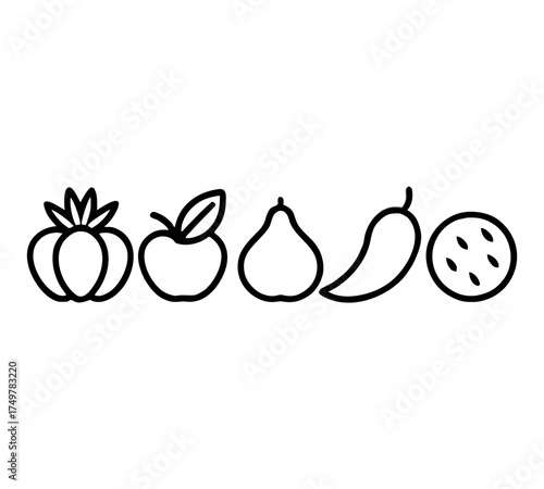 Fruit collection line art vector, tropical food outline, organic healthy fruit drawing, natural diet illustration, minimal design, botanical art, clean contour vector, food nutrition element