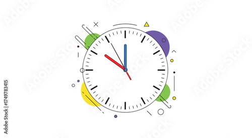 A colorful abstract clock face displays the time in a playful and artistic manner.