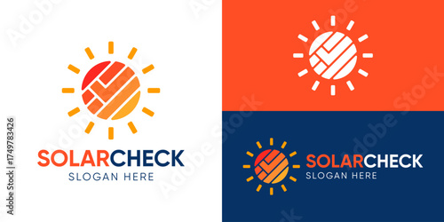 Creative simple solar check logo template. Sun with solar panel and check mark concept logo design vector illustration.