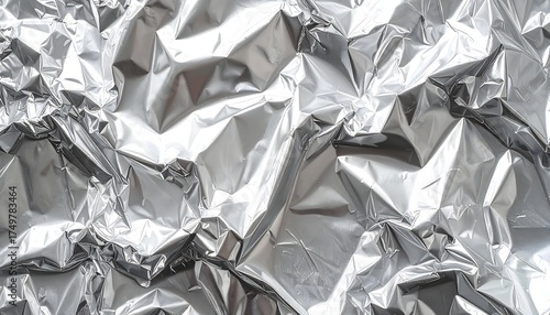 Flat lay background of aluminum foil surface, crinkled and highly reflective metallic texture with sharp folds and shimmering highlights