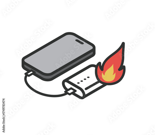 充電中のモバイルバッテリーと携帯　発火事故のアイコンイラスト