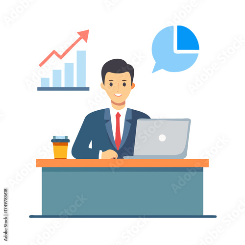 CEO Working at Desk with Chart Flat Icon