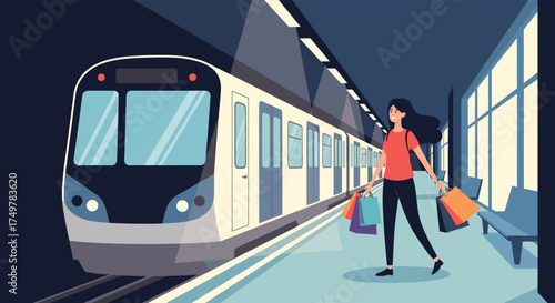 A woman with shopping bags waits for the train on a subway platform at night.