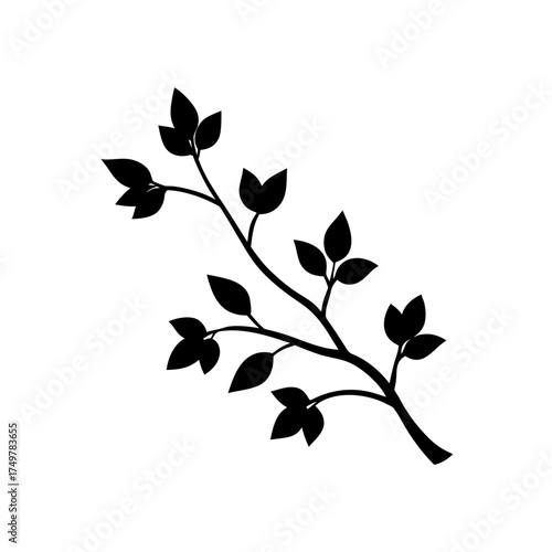 Tree Branch with Leaves Silhouette Vector