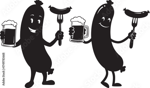 Two happy cartoon sausage characters holding beer mugs and forks with sausages silhouette isolated on white background