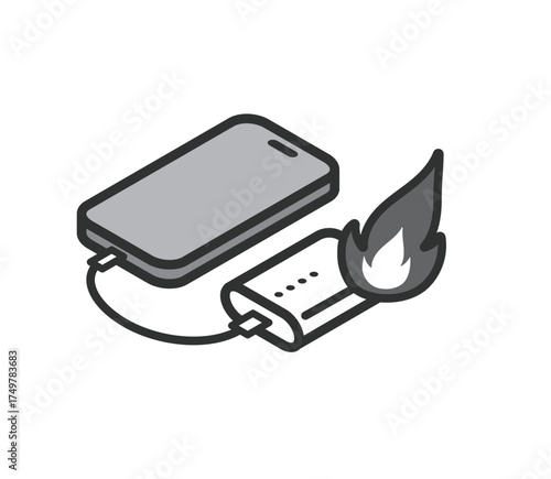 充電中のモバイルバッテリーと携帯　発火事故のアイコンイラスト