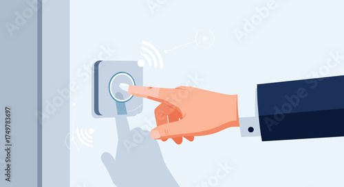 A businessman's finger presses a smart doorbell with wireless connectivity indicating new technology.