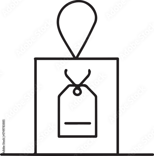 black and white vector icon of a tea bag with a tag, in a simple line art style on a flat color background, with a minimalist design
