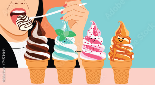 Enjoying delicious colorful soft serve ice cream cones on a hot summer day with a variety of flavors and toppings.