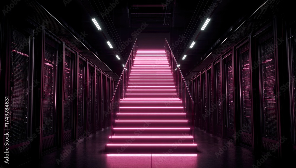 Fototapeta premium A futuristic interior with illuminated pink steps descending, flanked by dark server racks