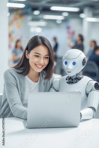Woman and AI humanoid robot work together and collaborating while looking at a laptop, symbolizing AI partnership help job