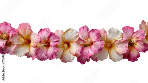 A floral lei made of vibrant hibiscus flowers symbolizing tropical beauty, celebration, and Hawaiian tradition isolated on white background