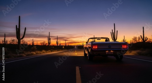 Classic Convertible Cruises Desert Highway Under Dramatic Sunset Sky with Saguaro Cacti