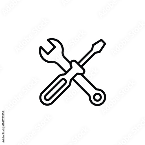 Simple line art icon of crossed wrench and screwdriver tools