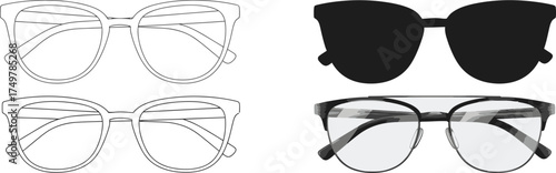 Set of Stylish Eyeglasses and Sunglasses in Line, Silhouette, and Realistic Styles