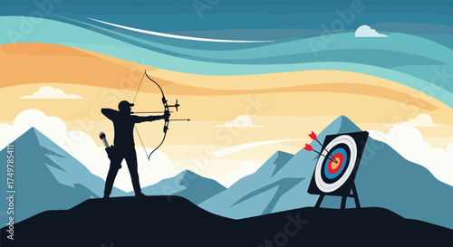 Archer silhouetted against a mountain landscape takes aim at a target during sunset.