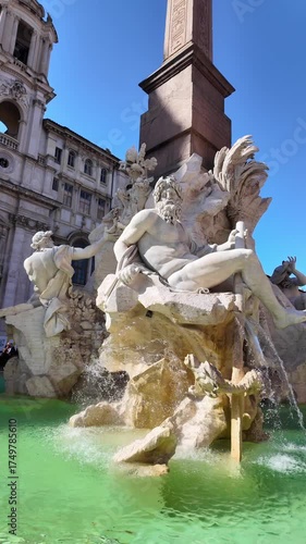 Navona square in Rome, vertical slow motion video, piazza Navona fountain is a tourist landmark in Rome, capital of Italy