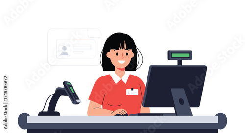 A friendly cashier operating a modern checkout system in a retail store.