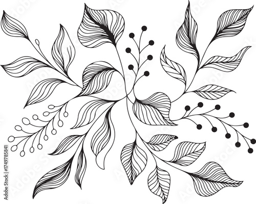 Elegant botanical vector illustration with leaves berries and branches intricate line work for vintage inspired artwork one thirty char