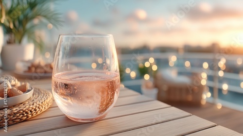 Evening Drink: Pink Cocktail On A Balcony Overlooking City Lights
