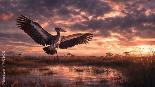 Shoebill stork in flight at sunset wildlife photography birdwatching adventure travel african safari nature reserve