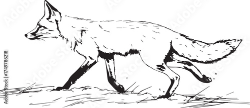 hand-drawn fox running on snow, vector illustration, simple line art with ink pen style, side view of the animal walking in profile, white background