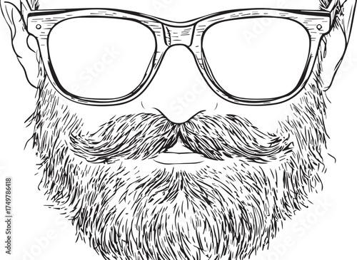 hand-drawn vector illustration of a beard and mustache with glasses, in a front view. black outline, doodle cartoon-style vector sticker or logo design on a white background