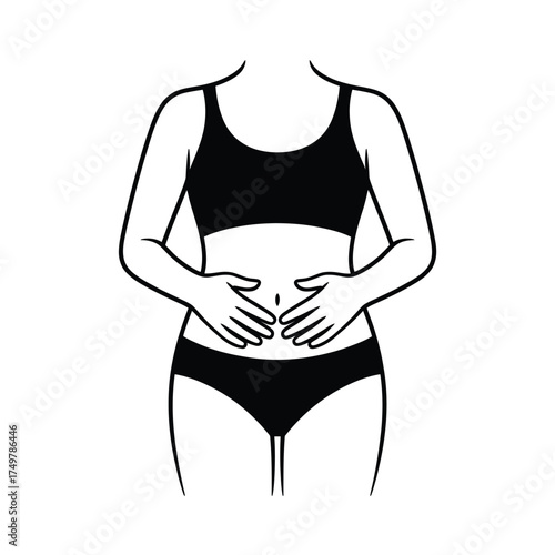 Woman holding stomach in black and white line art illustration