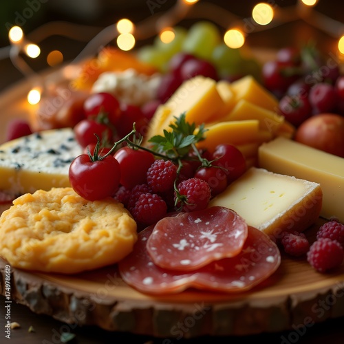 A Rustic Charcuterie Board with Cheese, Meat, and Fruit