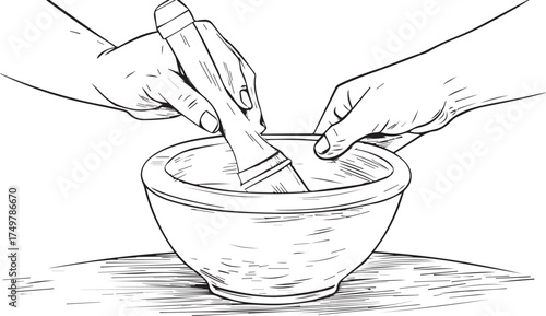 hands using a wooden mallet to top the mortar and pestle, line art illustration, white background, no shadows, no grayscale