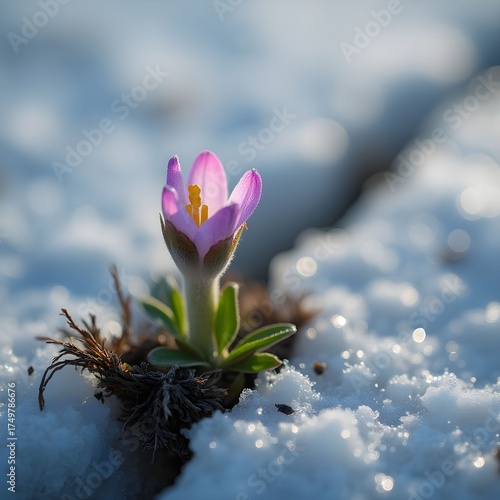 A Delicate Crocus Flower Blooms Through the Melting Snow