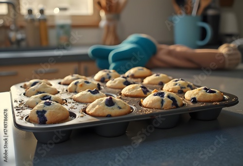  Freshly baked blueberry muffins cooling in a kitchen setting.