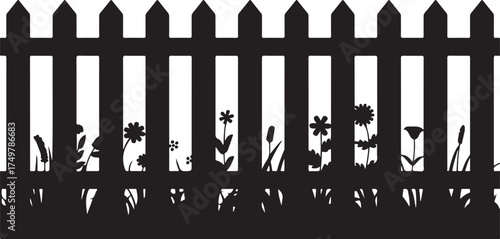 Silhouette Illustration of a Picket Fence with Flowers and Grass for Garden Border or Outdoor Decoration and Landscaping 130 Characters