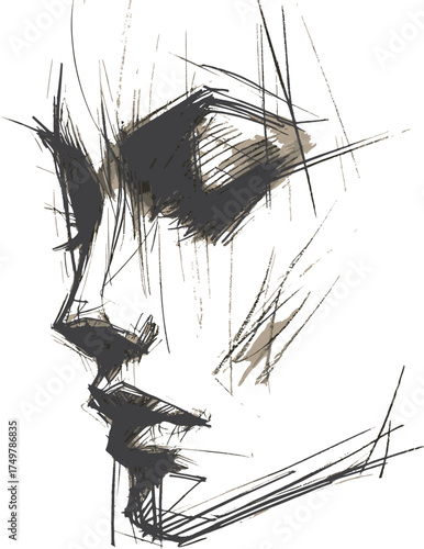 A monochrome ink sketch showing a side profile of a woman, created with bold lines and soft shading. Evokes elegance, introspection, and modern artistry suitable for fashion