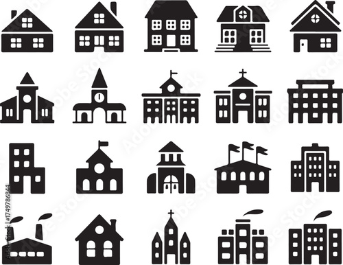 Set of Silhouette Illustrations of Various Building Facades Including Houses Churches Schools and Office Buildings 129 Characters