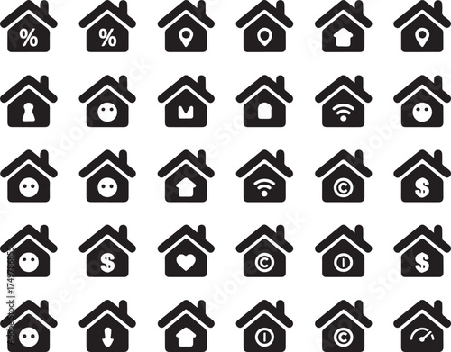 House Icons Vector Set Representing Various Real Estate Concepts and Services on Transparent Background Flat Design in Black and White