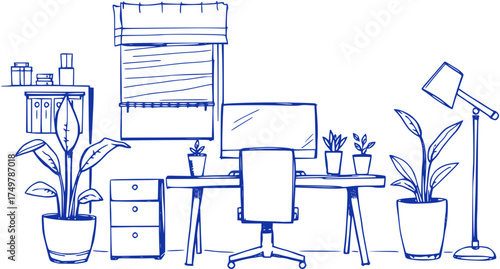 Home Office Sketch: Workspace with Plants