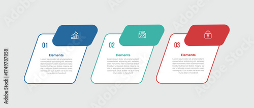 3 elements infographic comparison diagram with vertical container with round shape tilt skew with badge top with 3 step for slide presentation