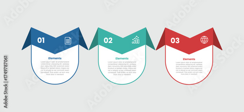 3 elements infographic comparison diagram with round container with ribbon badge on top with sharp edge with 3 step for slide presentation