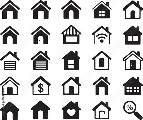 Black House Icons Depicting Various Real Estate Concepts and Services for Presentations on Transparent Background Flat Design Set
