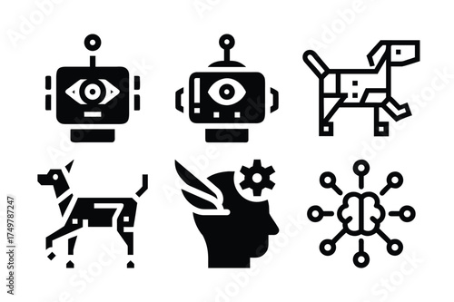 Geometric robot and animal icons representing artificial intelligence and technology