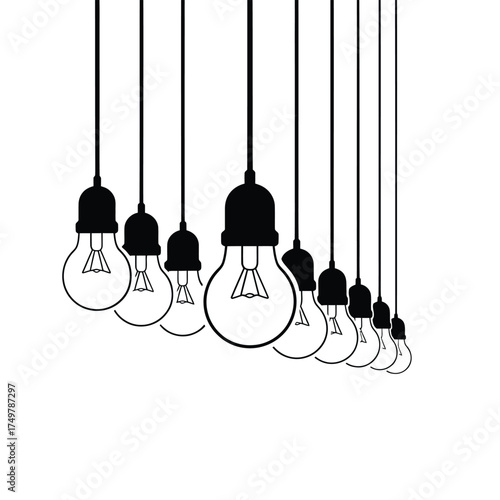 Collection of hanging vintage incandescent light bulbs in a row