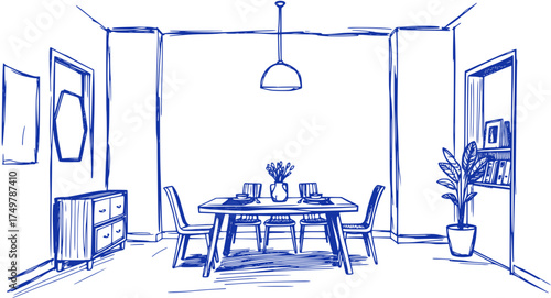 Simple Dining Room Sketch - Blue Ink