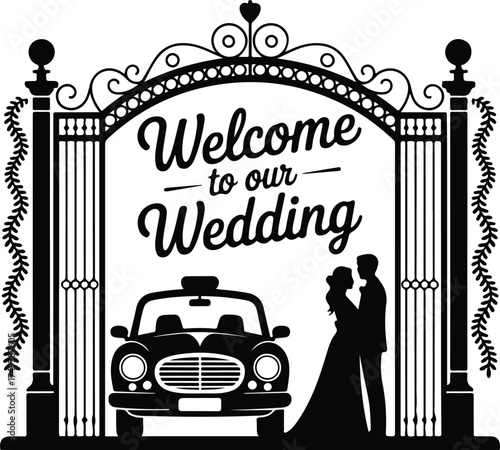 Welcome to our wedding with couple and car sign