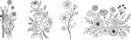 Botanical floral vector illustration set of hand drawn blooming flowers and plants in sketch style with flourish decorative leaf elements