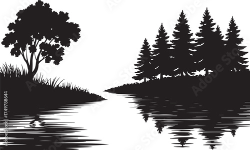 Beautiful Silhouette Landscape of Forest Trees and Reflections in Lake or River Scenery with Nature in Tranquil Outdoor Scene at Calm Environment