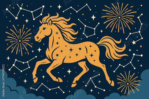 Galloping horse with starry constellations and fireworks on a dark night background